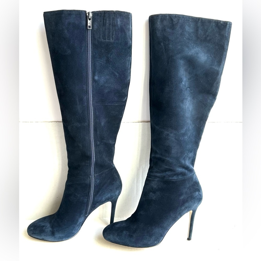 Ava & Aiden Navy Suede Leather Glam Elegant 4” Heel Tall Chic Boots Sz 7.5M